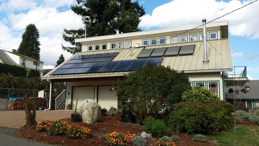 Solar powered house, solar panels and wind generator, West Olympia. Washington, USA